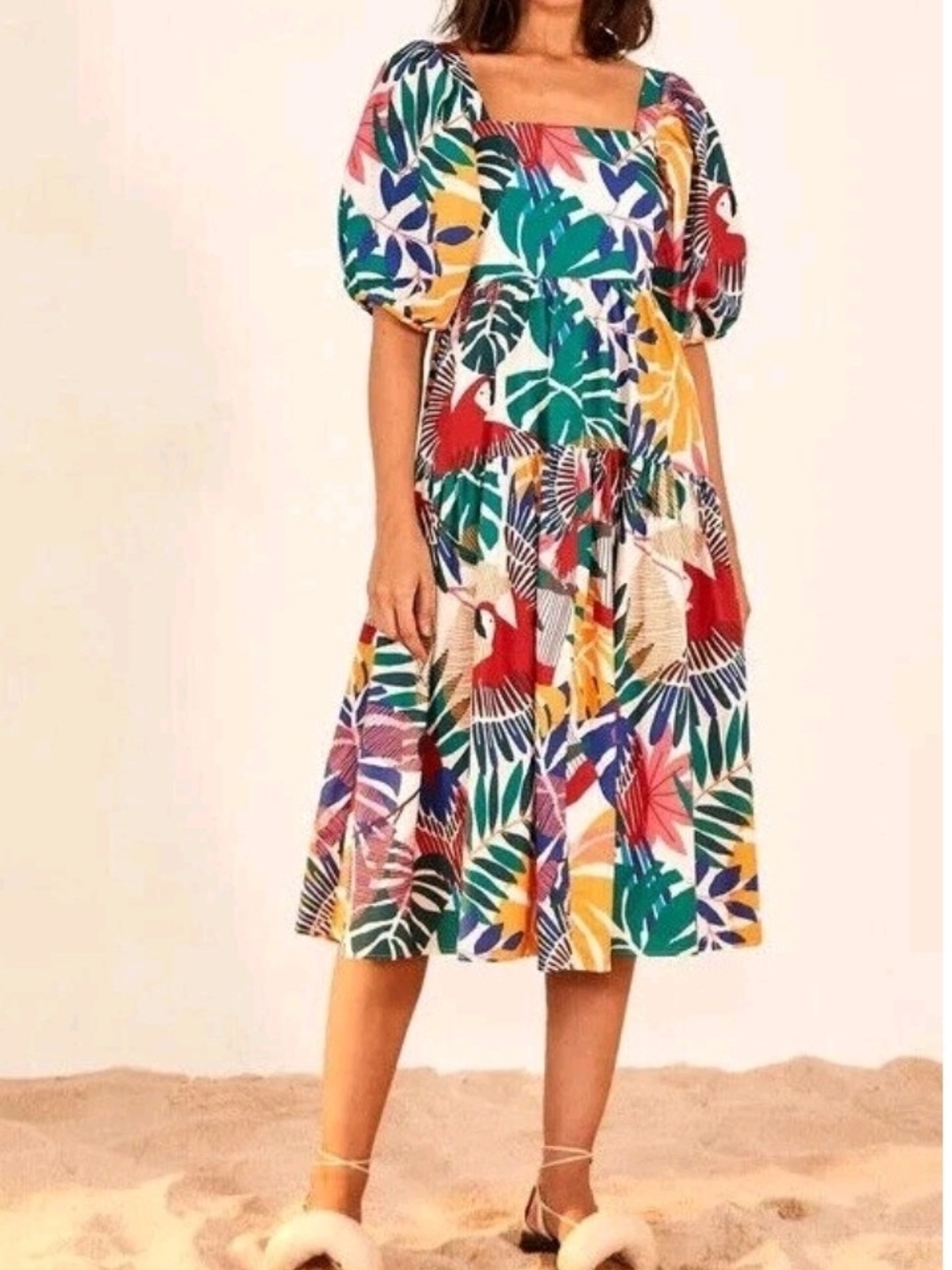 FARM Rio White Macaw Tropical Print Puff-Sleeve Midi Dress Women Size XL